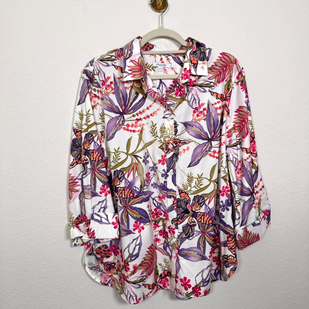 Chico's Women Button Front Shirt Top Size 16 Floral Cotton Stretch Classic Multi